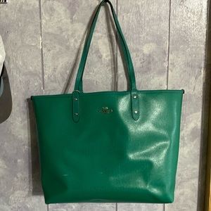 Coach green large tote bag purse reversible purple floral